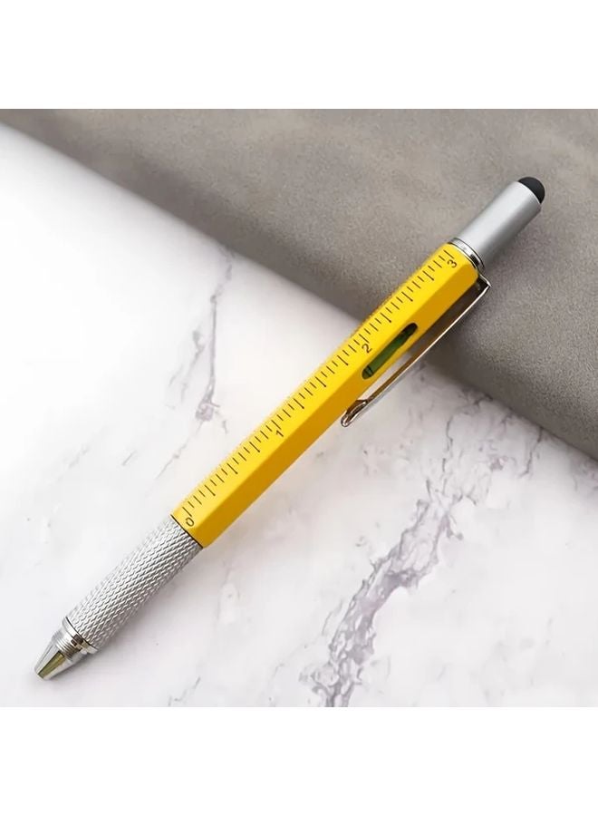 Yellow 6 In 1 Multifunctional Tool Pen With Ballpoint Ruler Stylus Level Meter Screwdriver - Image 1